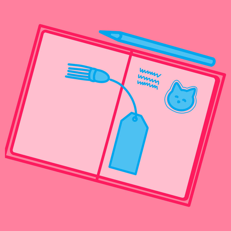 Illustration of a notebook on a surface. there is some writing and a cat sticker on the notebook and a bookmark that has a tassel, there is a pencil on top of the notebook. This illustration is to show off our range of stationery