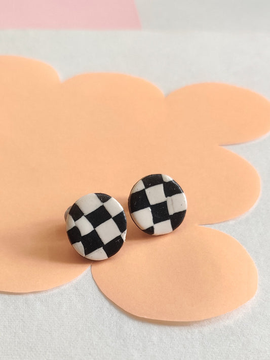 Checkered B&W statement handmade stud earrings
