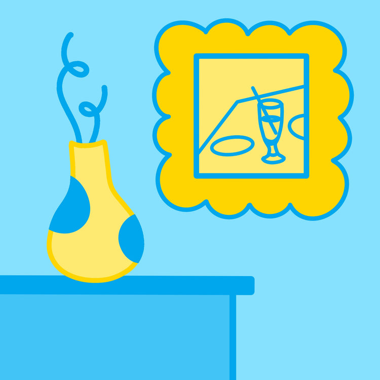 Pop art style illustration in bright yellow and blue showing a vase on a table with a framed art on the wall behind, to denote the funky home decor collections that we offer