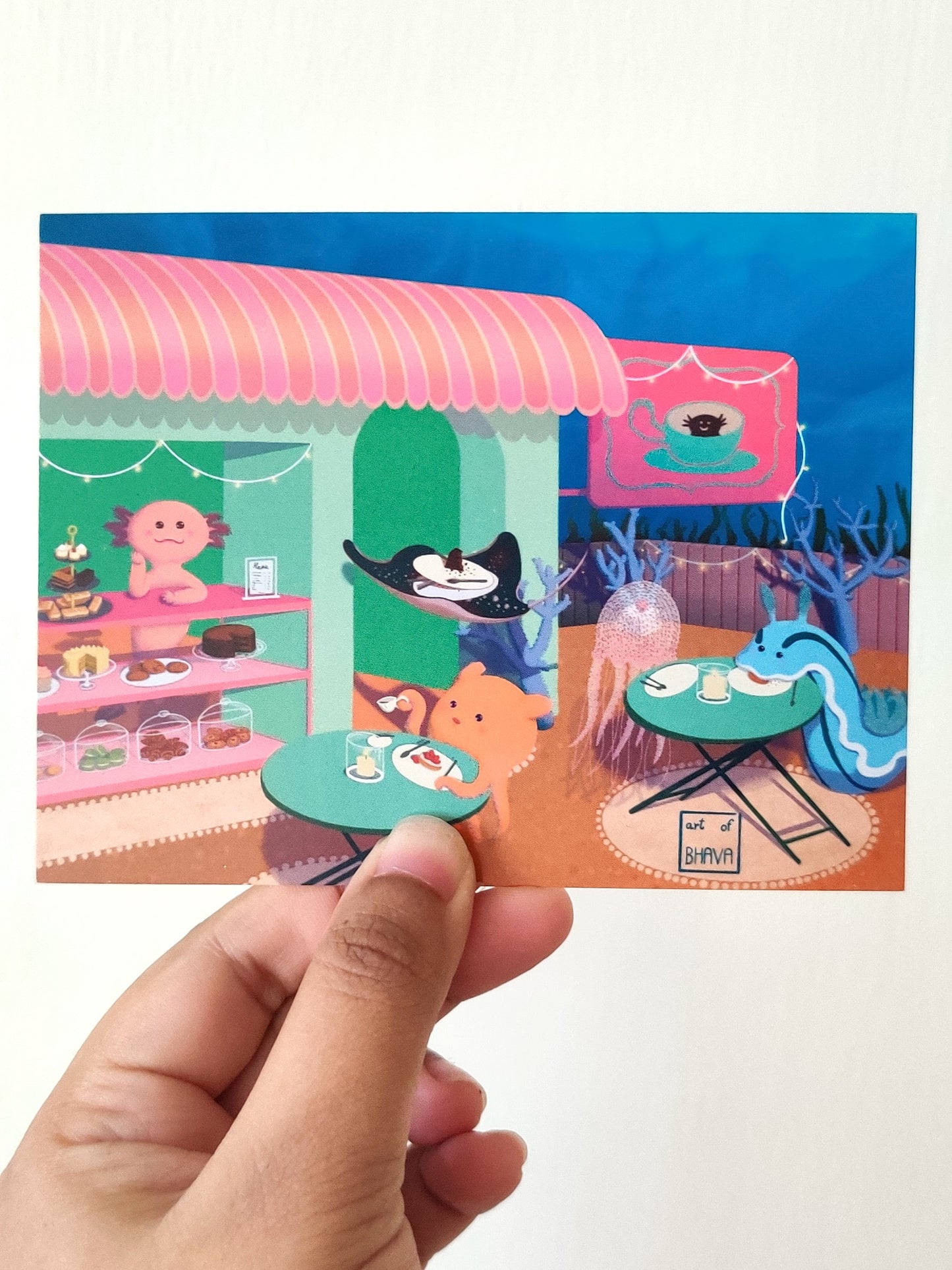 Underwater Cafe Handmade Illustrated Postcard