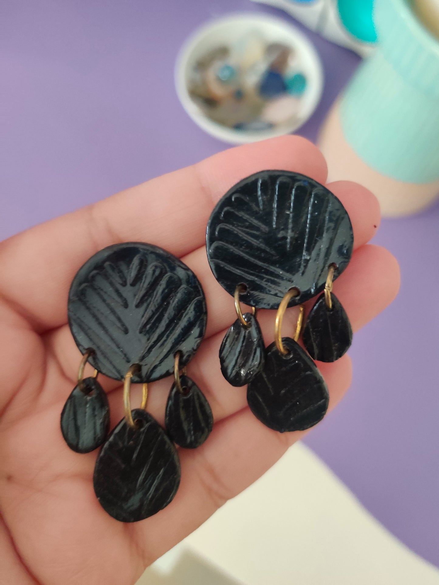 Black embossed statement handmade earrings