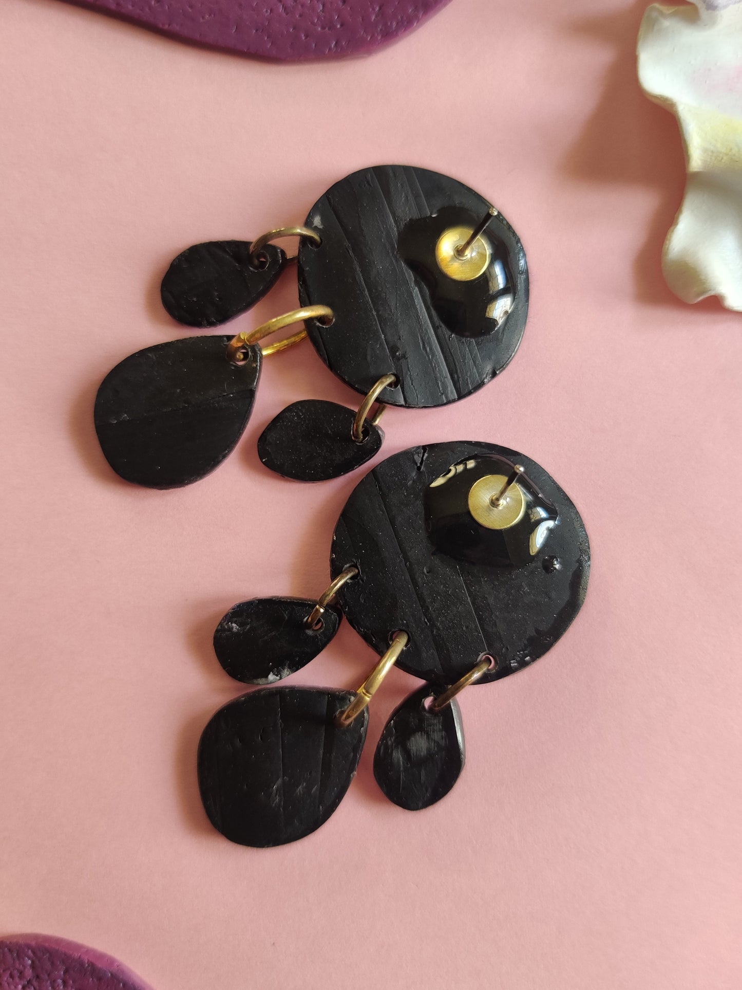 Black embossed statement handmade earrings