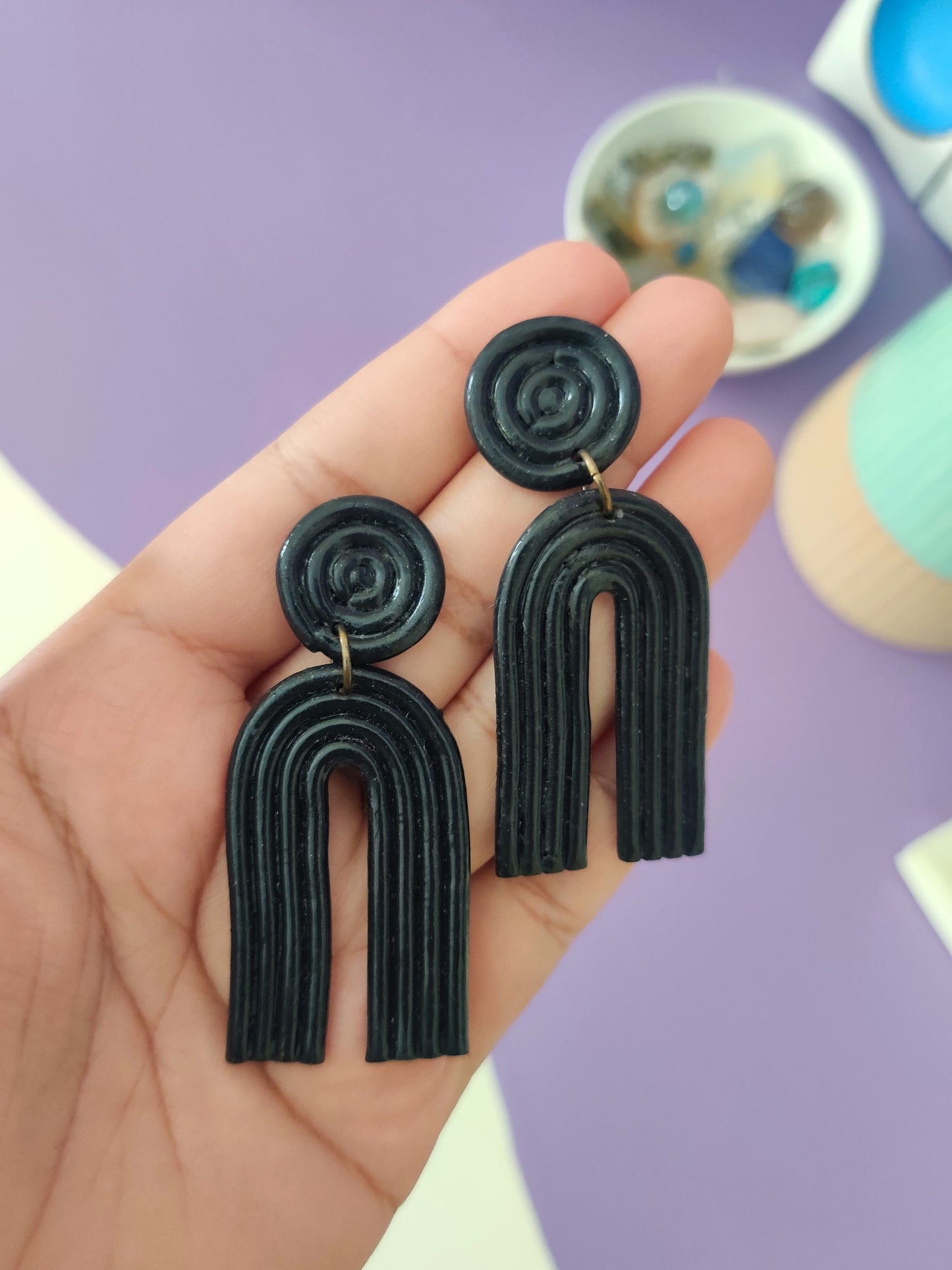 Black rainbow statement handmade earrings