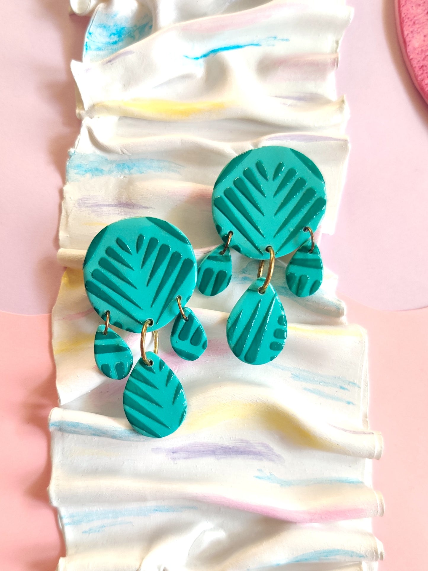 Green Patterned statement handmade earrings