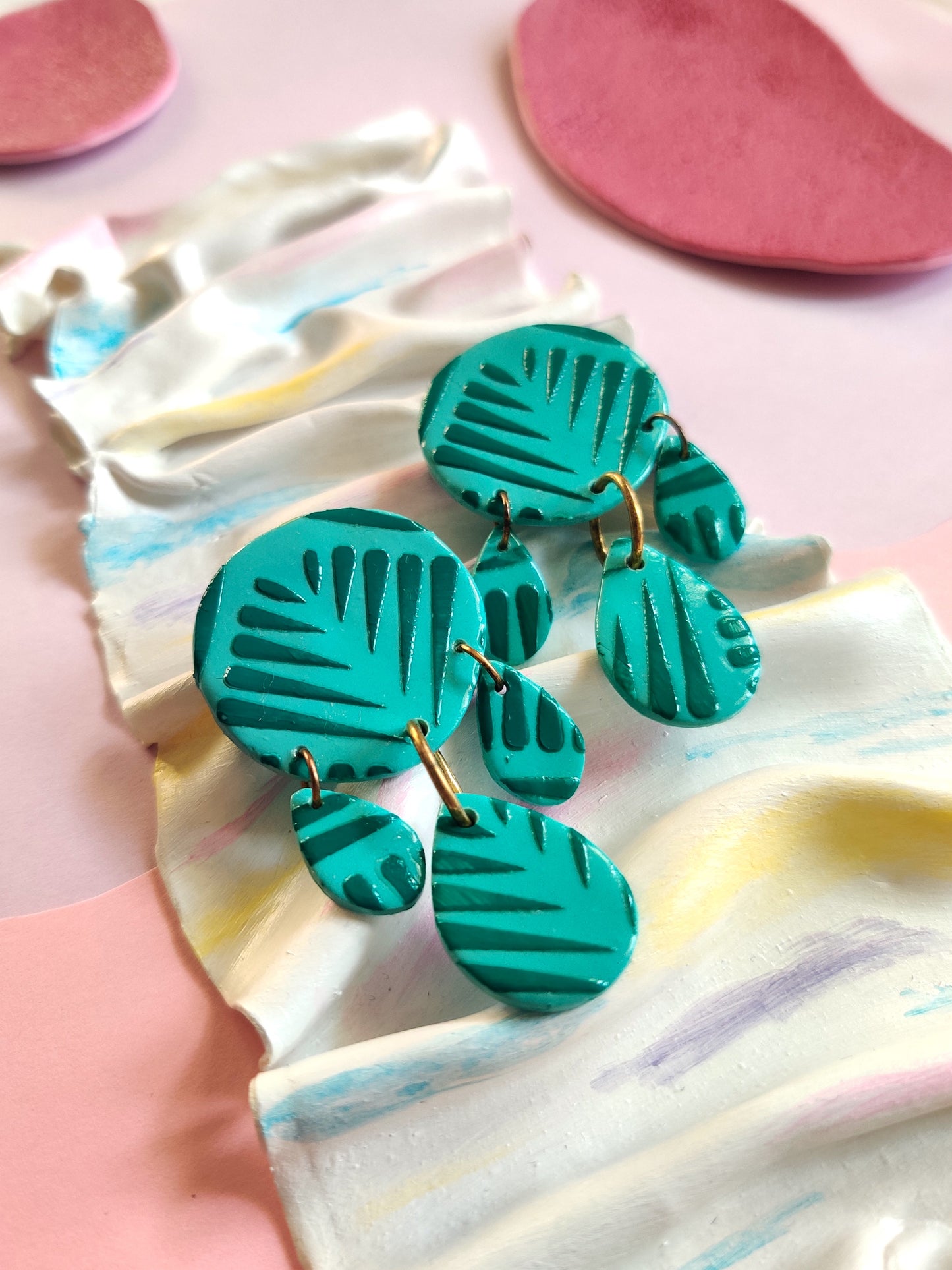 Green Patterned statement handmade earrings