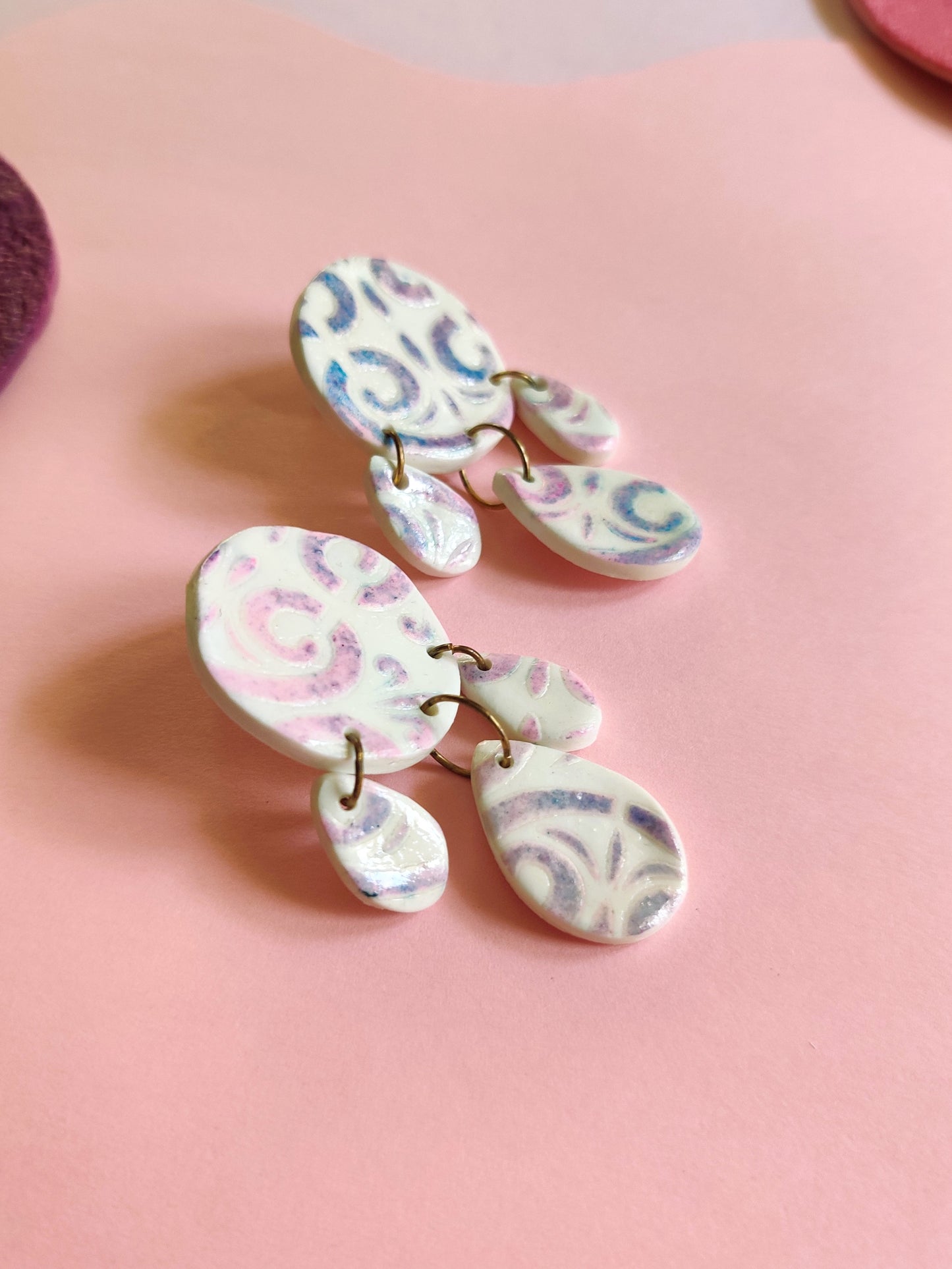 White patterned statement handmade earrings