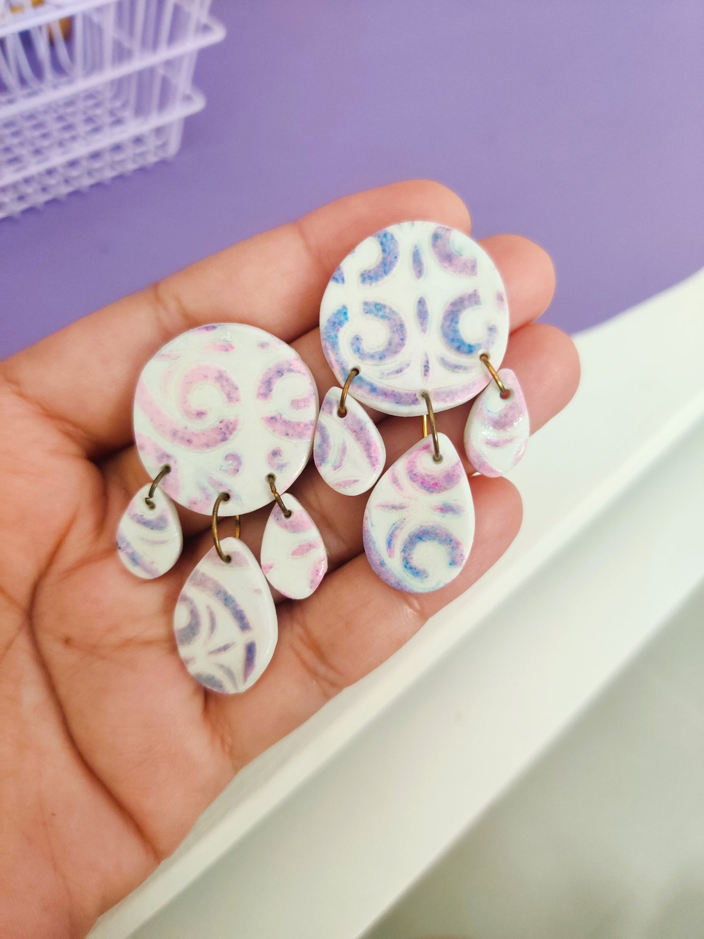 White patterned statement handmade earrings