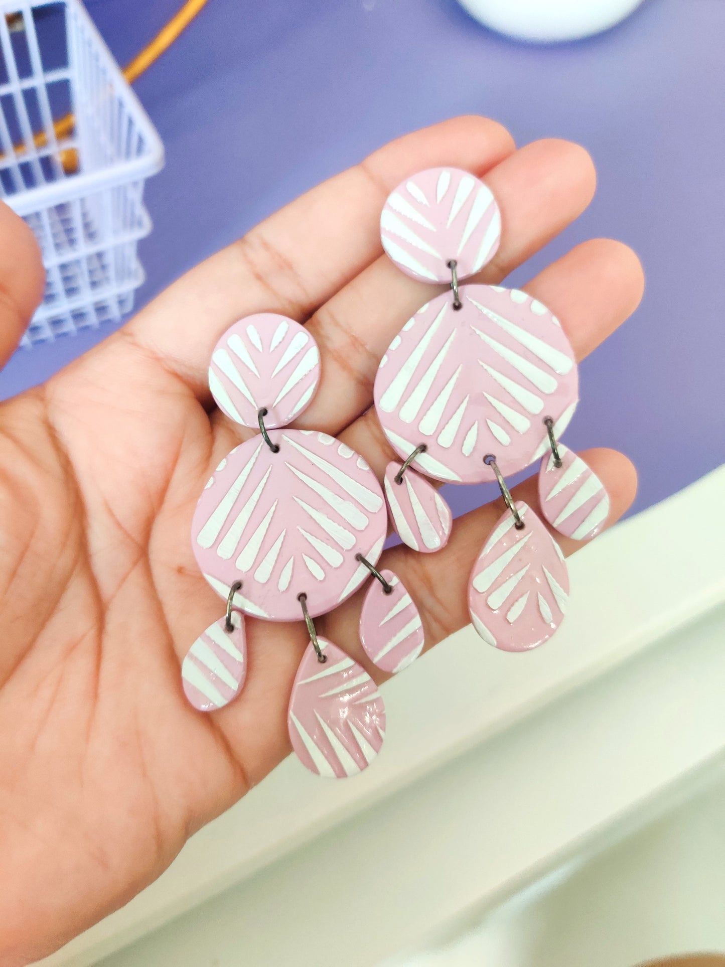 Pink patterned statement handmade earrings