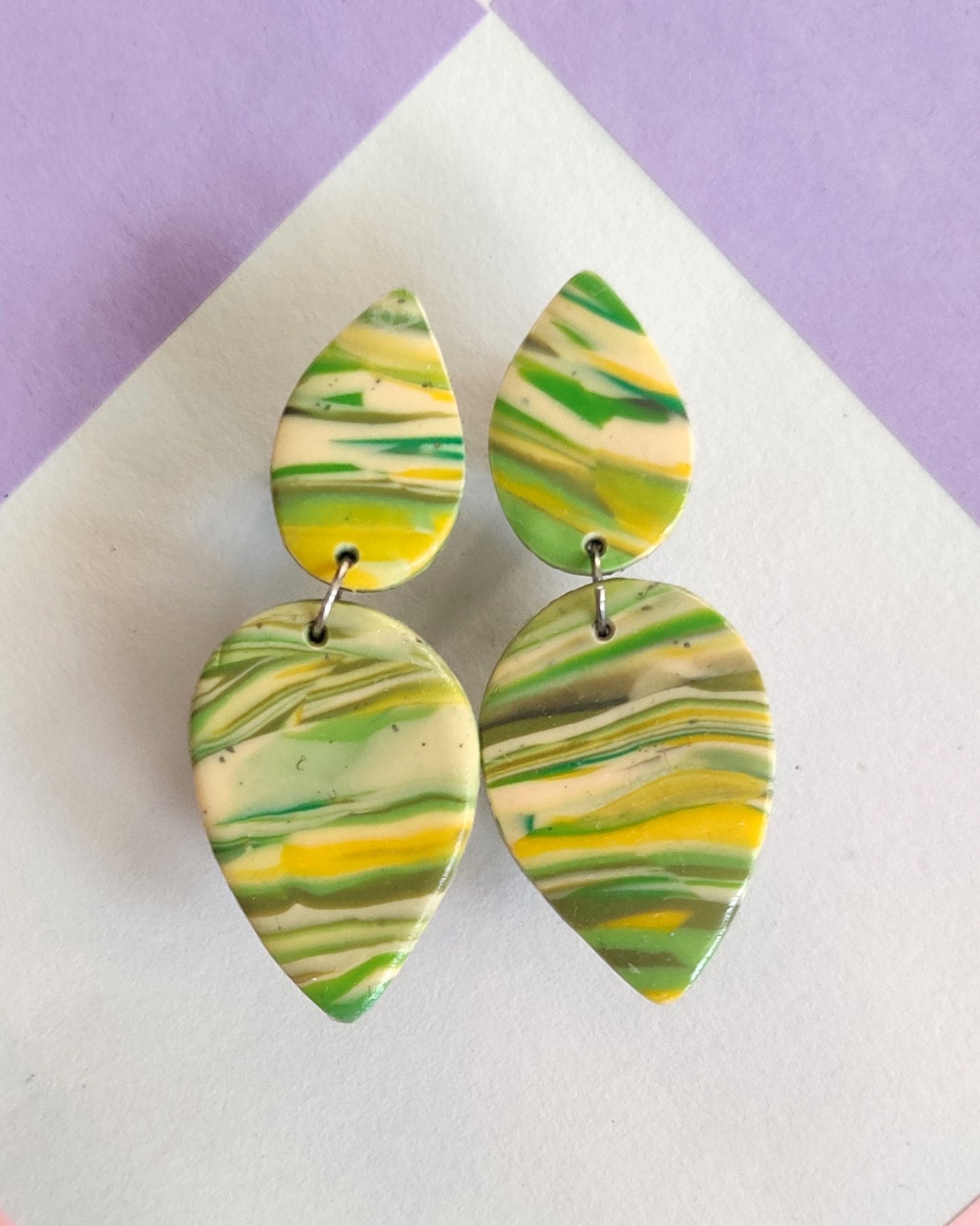 Yellow and Green marble statement handmade earrings