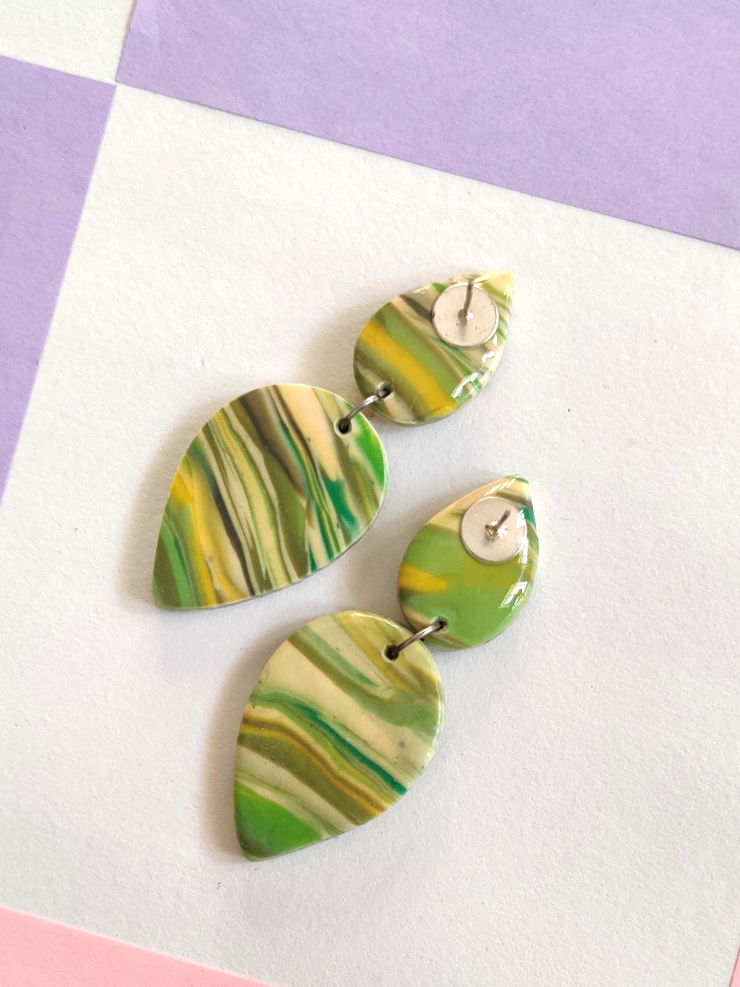 Yellow and Green marble statement handmade earrings