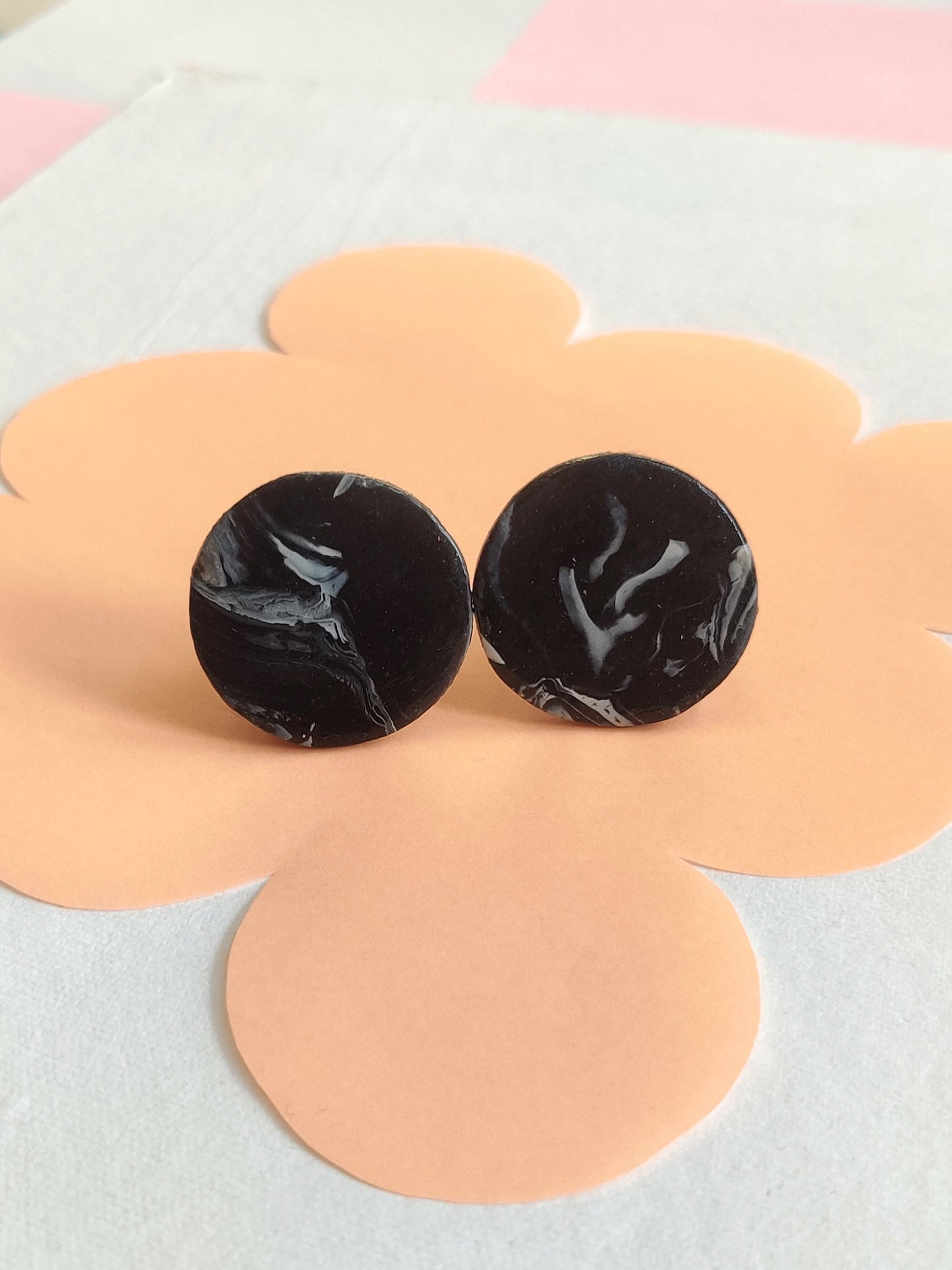 Black Marble medium statement handmade stud earrings