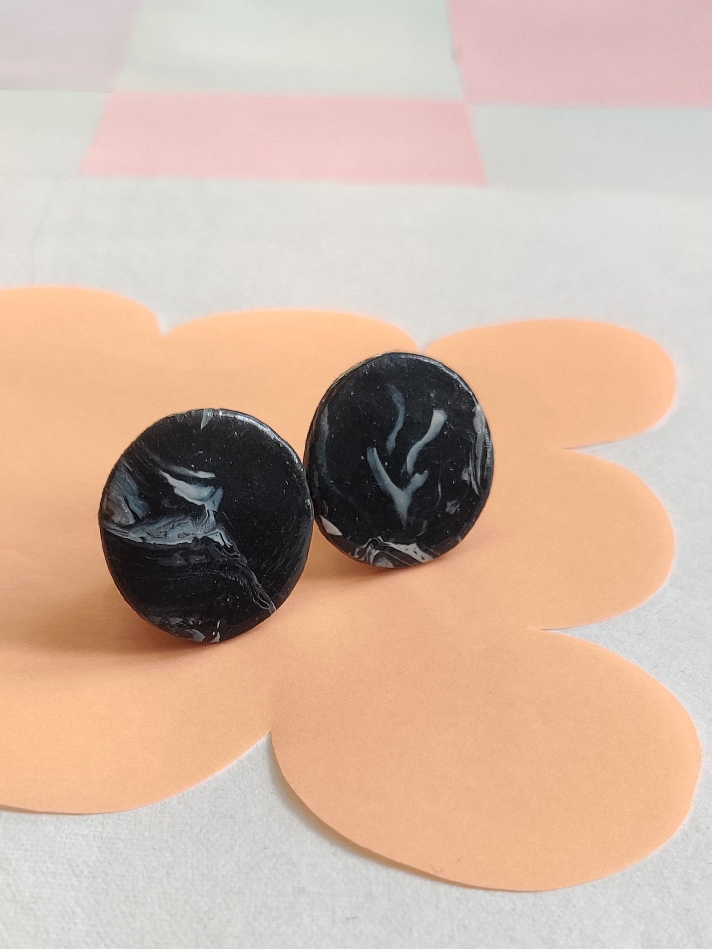 Black Marble medium statement handmade stud earrings