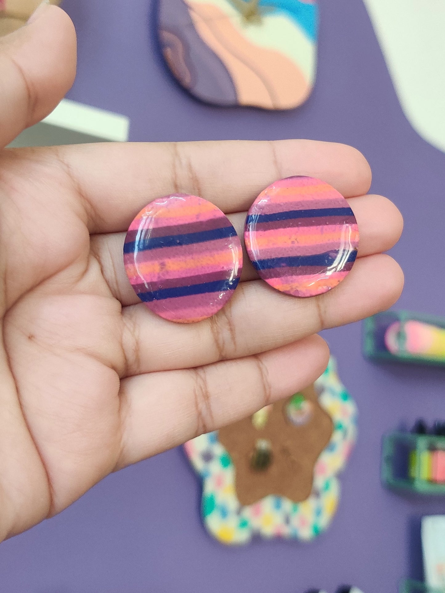 Purple Stripes statement handmade stud earrings