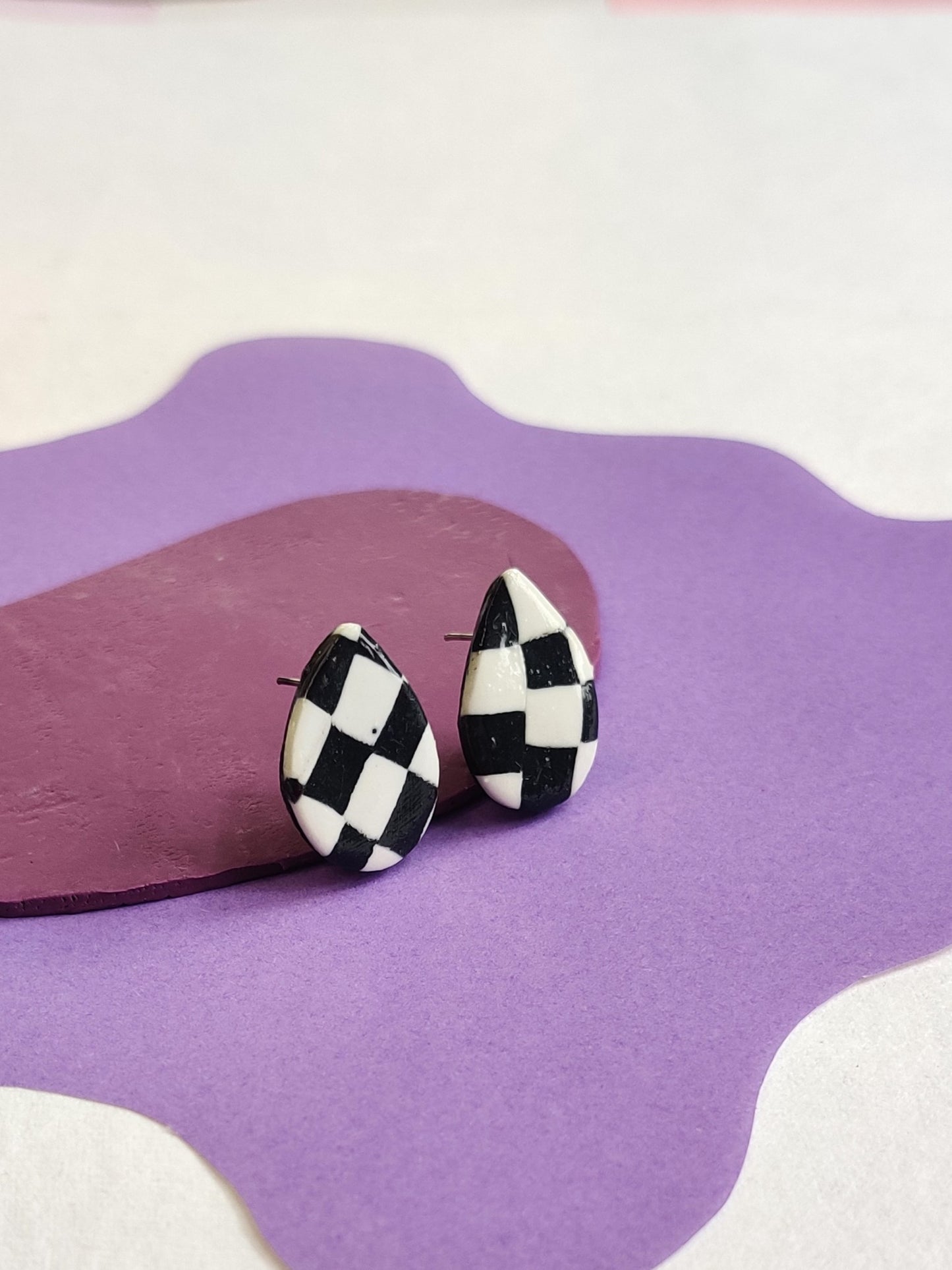 Black and White checkered statement handmade stud earrings