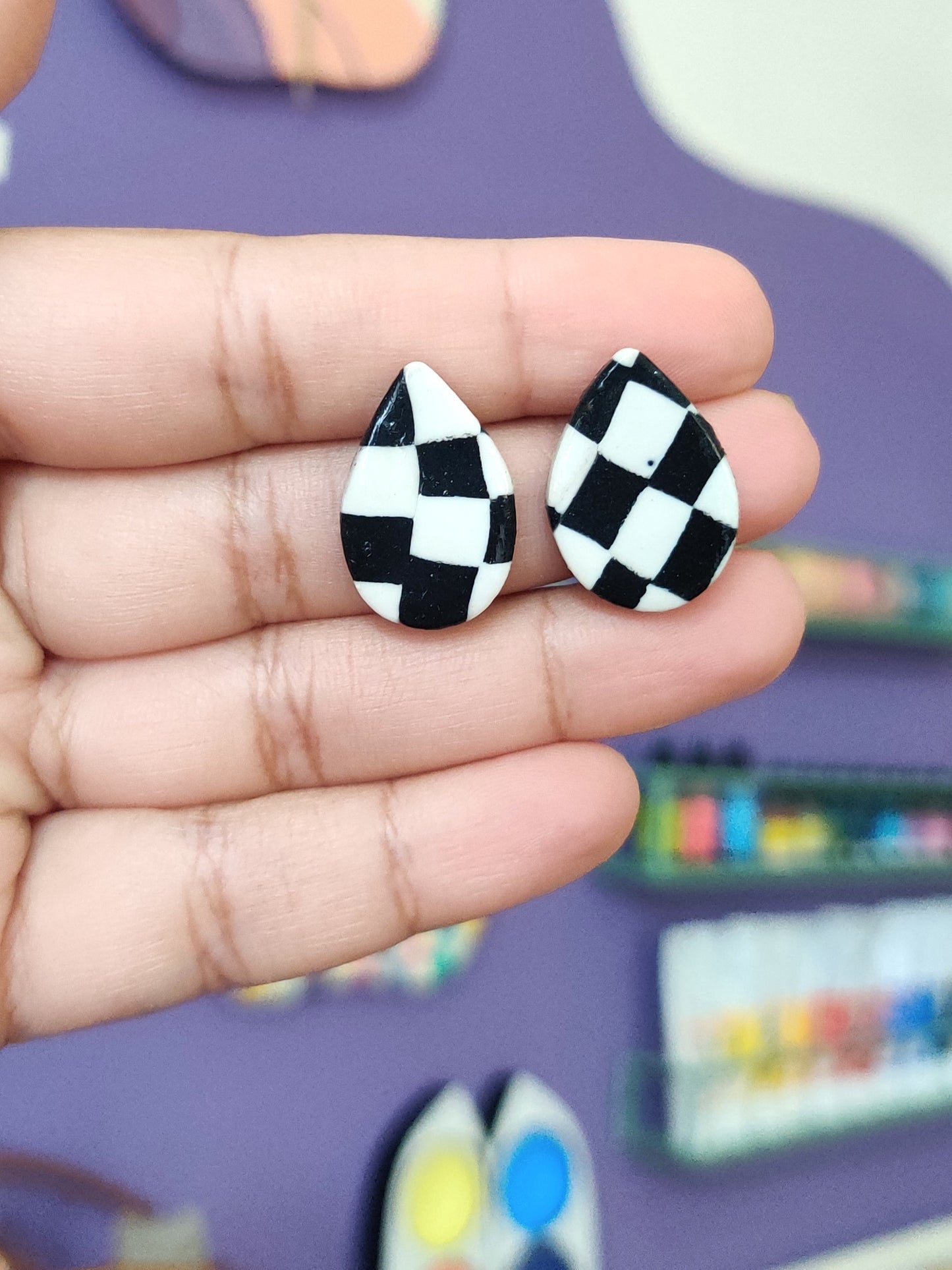 Black and White checkered statement handmade stud earrings