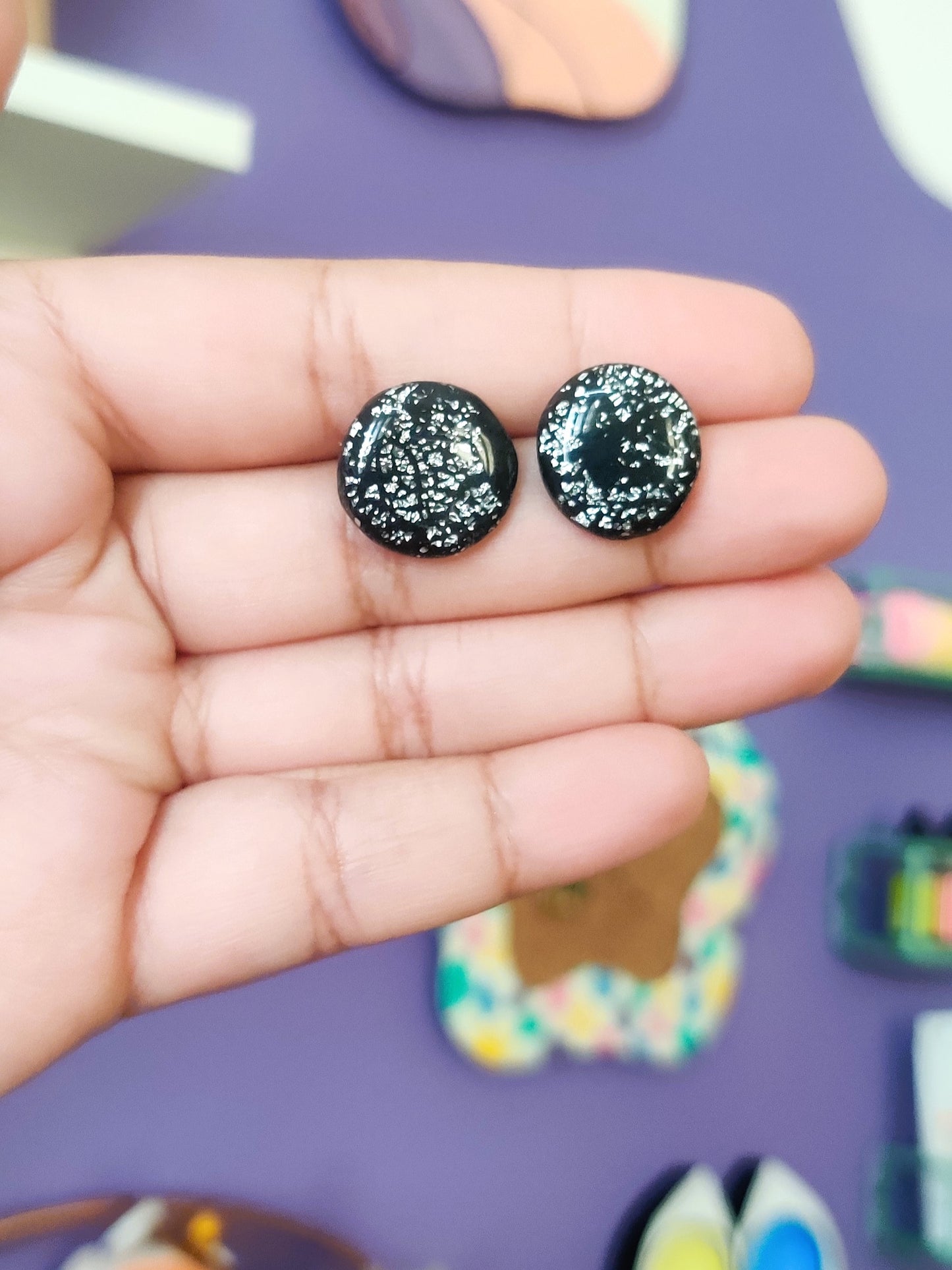 Black shimmer statement handmade stud earrings