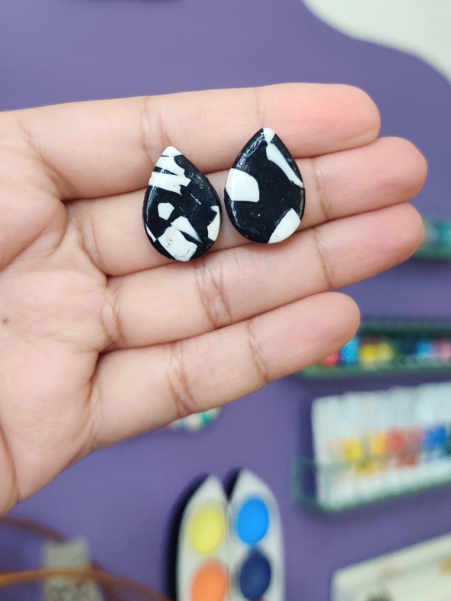 Black and White terrazzo statement handmade stud earrings