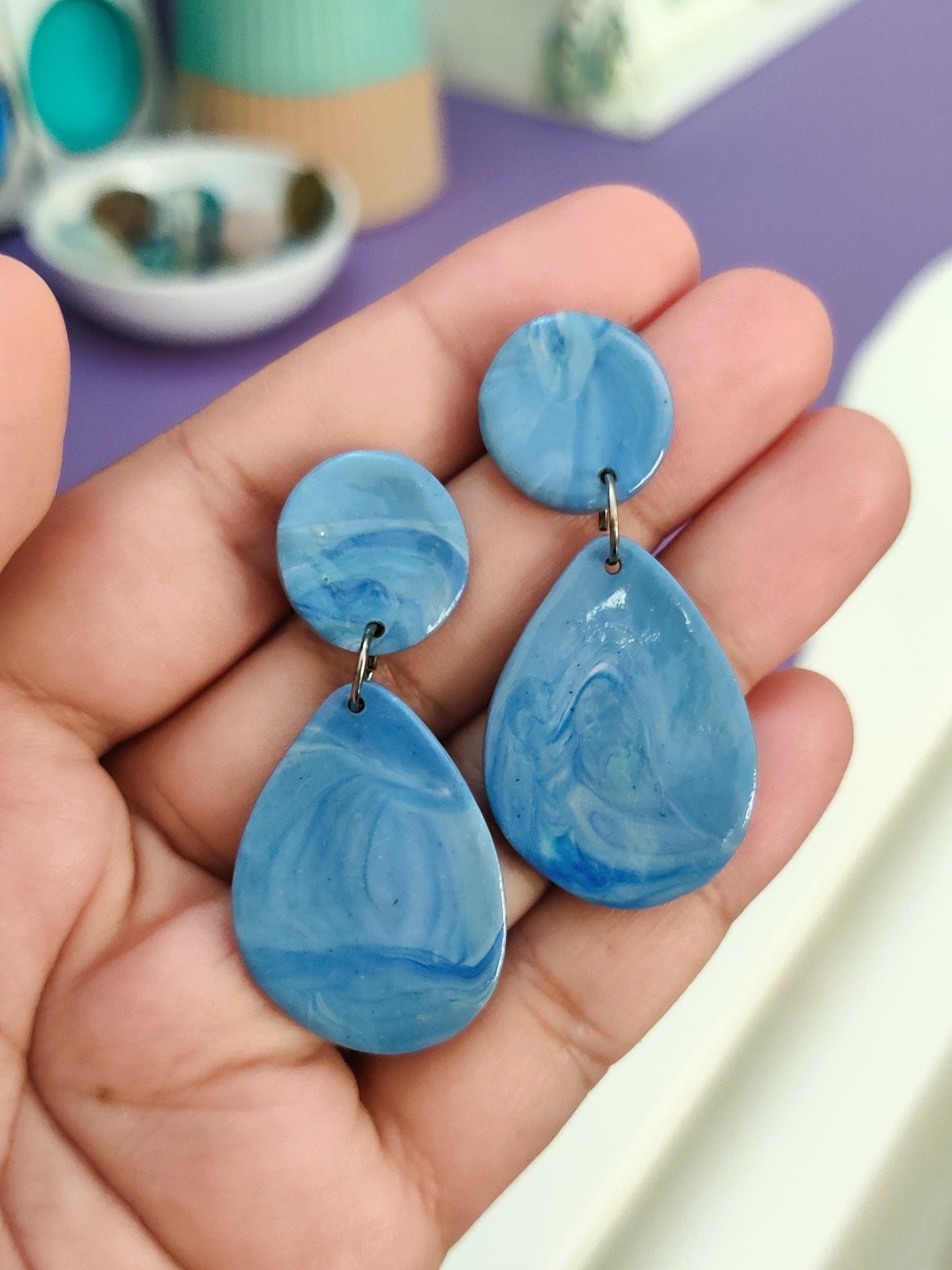 Blue Marble statement handmade earrings