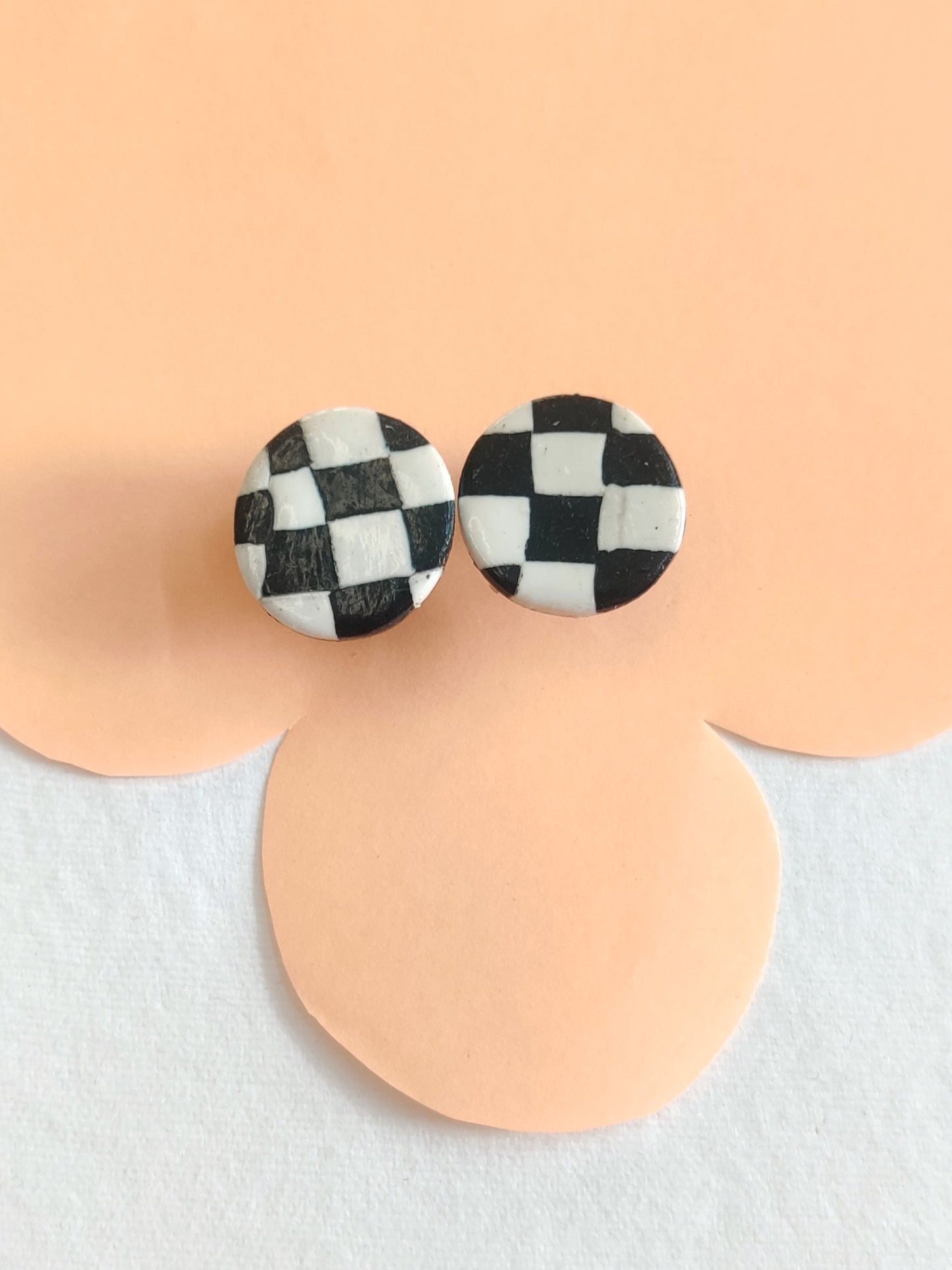 Checkered B&W statement handmade stud earrings