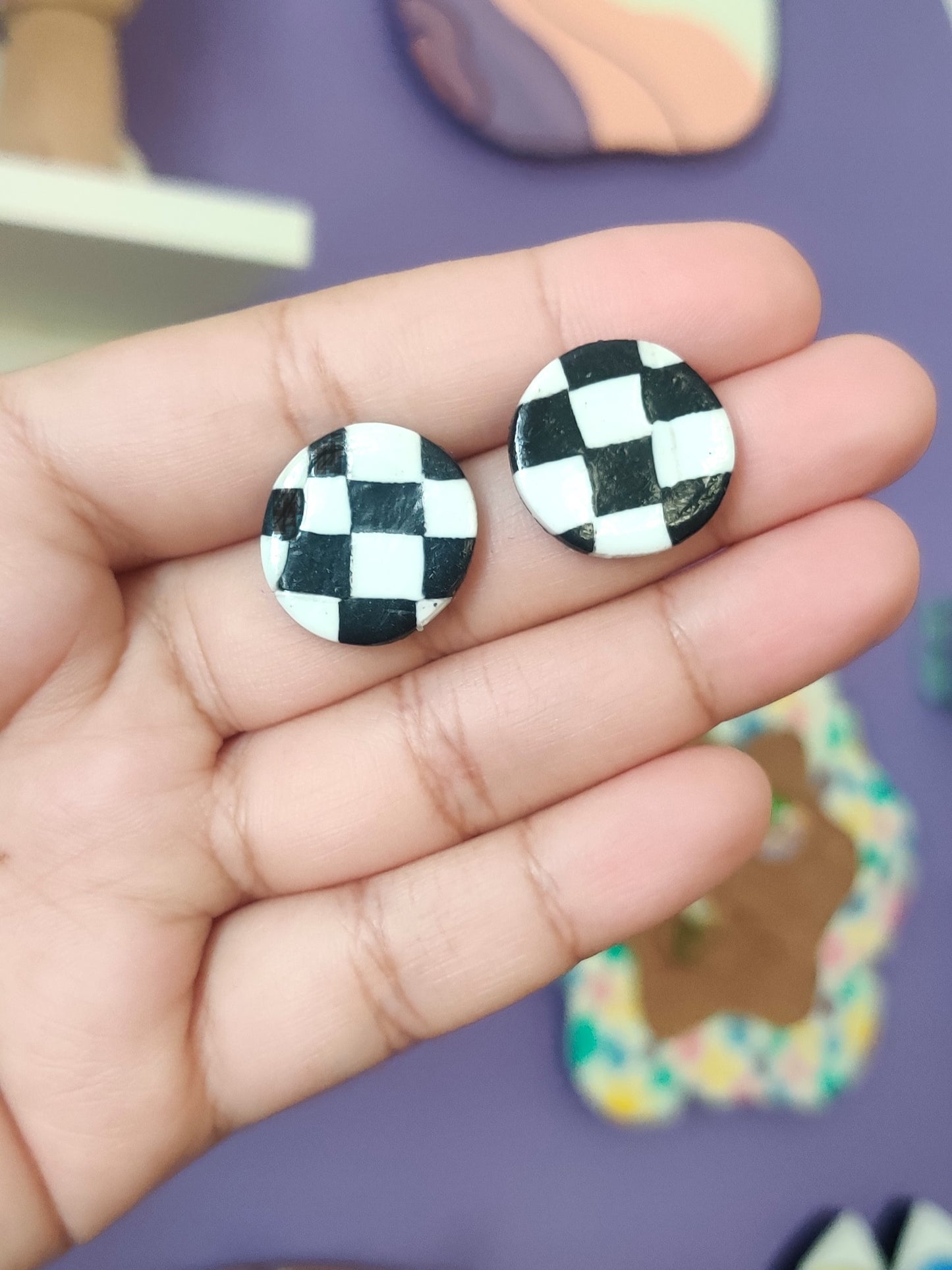 Checkered B&W statement handmade stud earrings