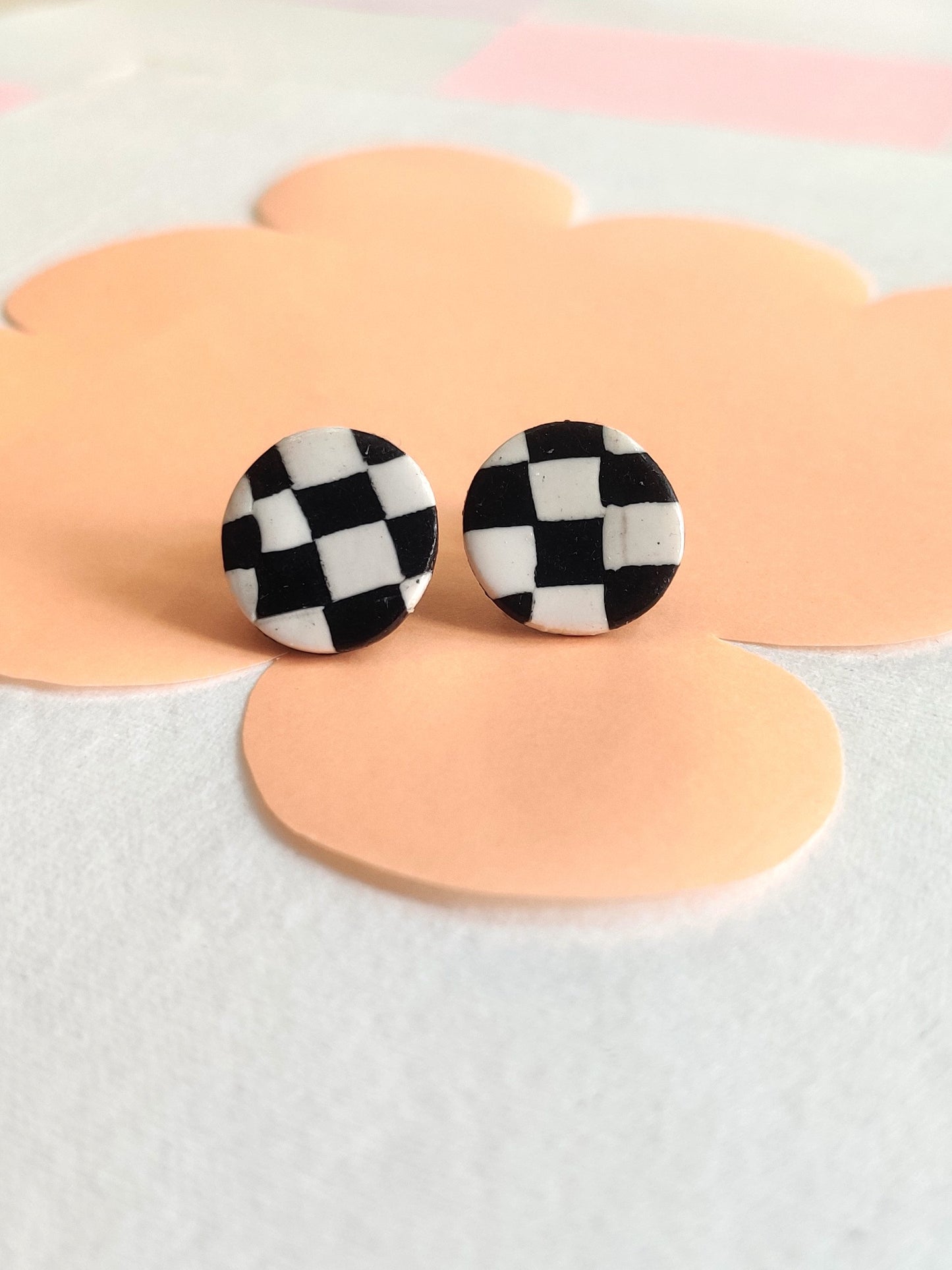 Checkered B&W statement handmade stud earrings