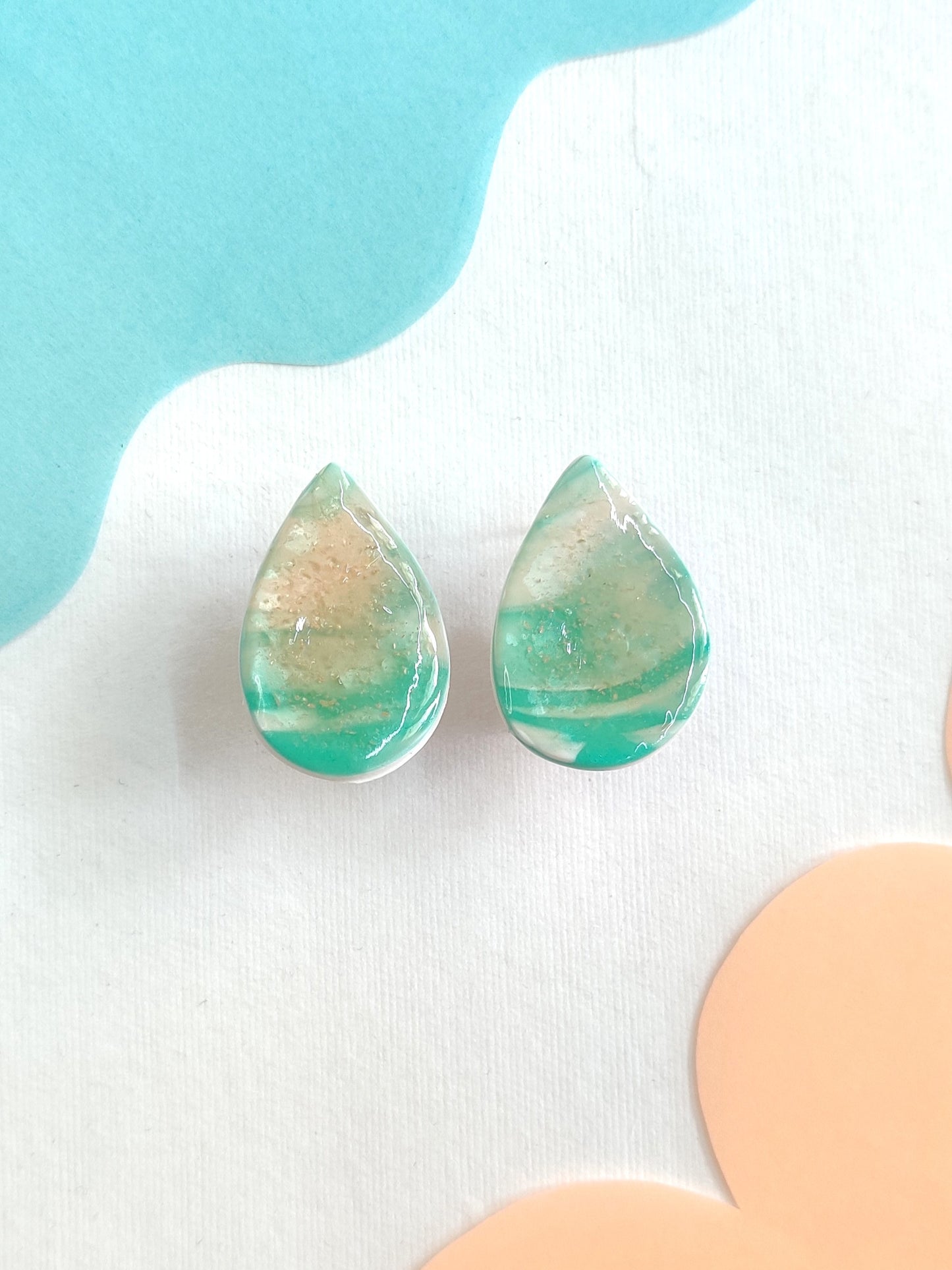 Green drop statement handmade stud earrings