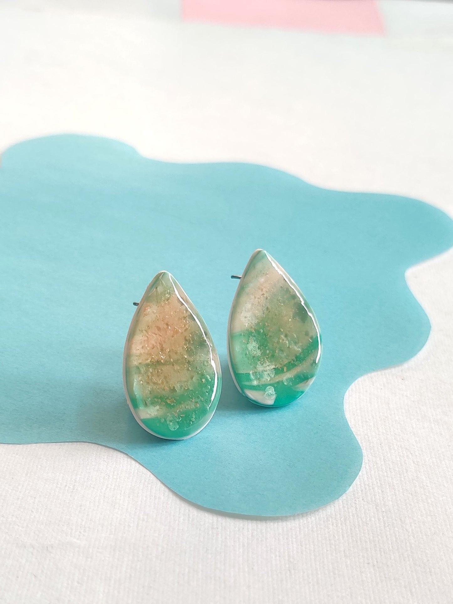 Green drop statement handmade stud earrings