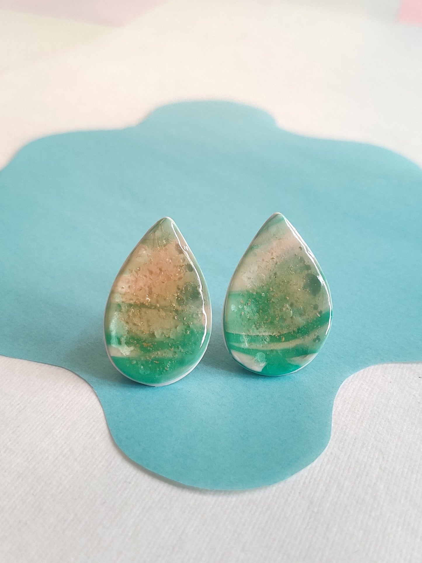 Green drop statement handmade stud earrings