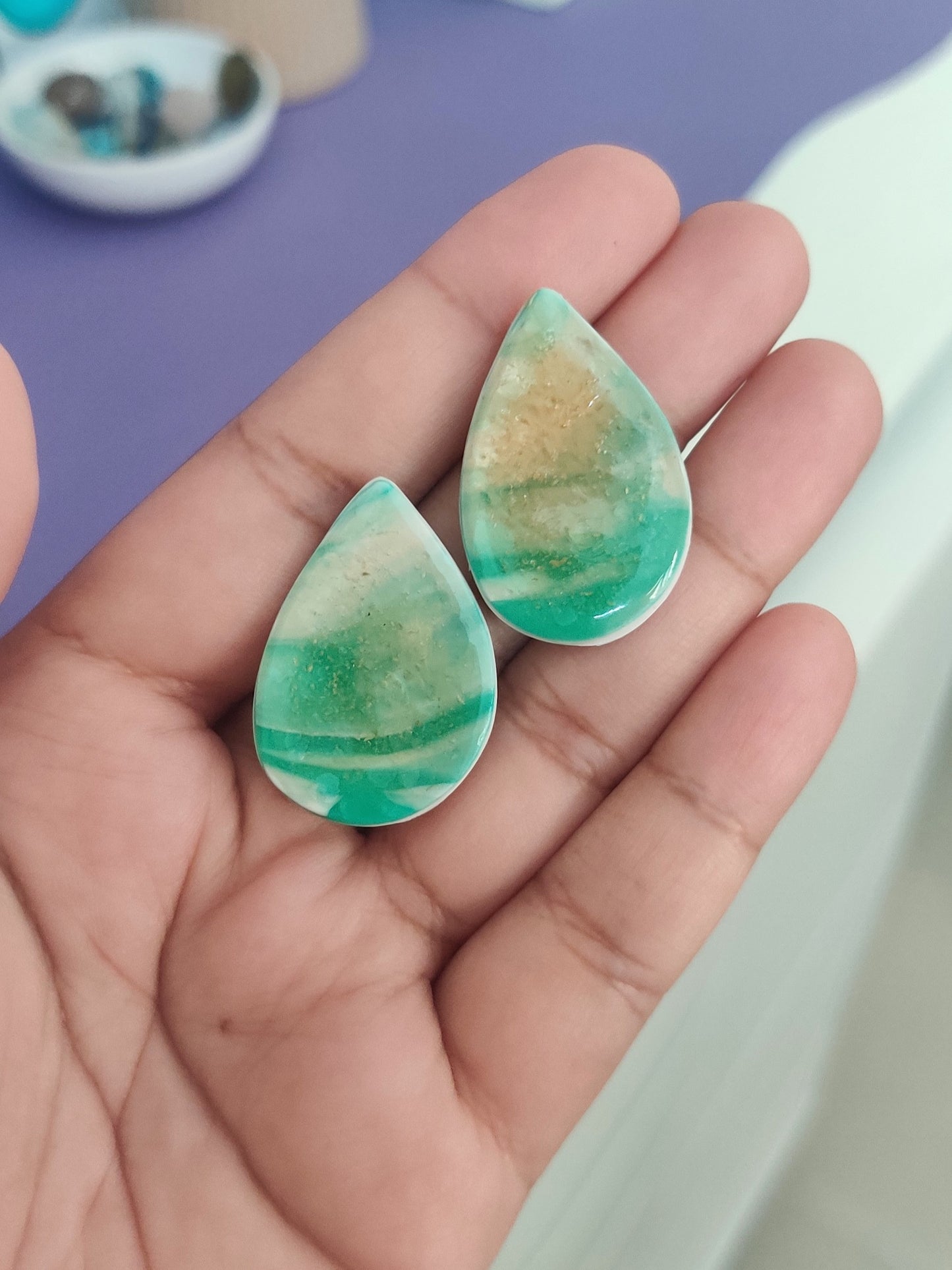 Green drop statement handmade stud earrings