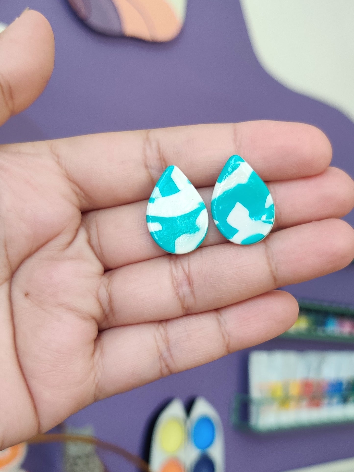 Green terrazzo statement handmade stud earrings