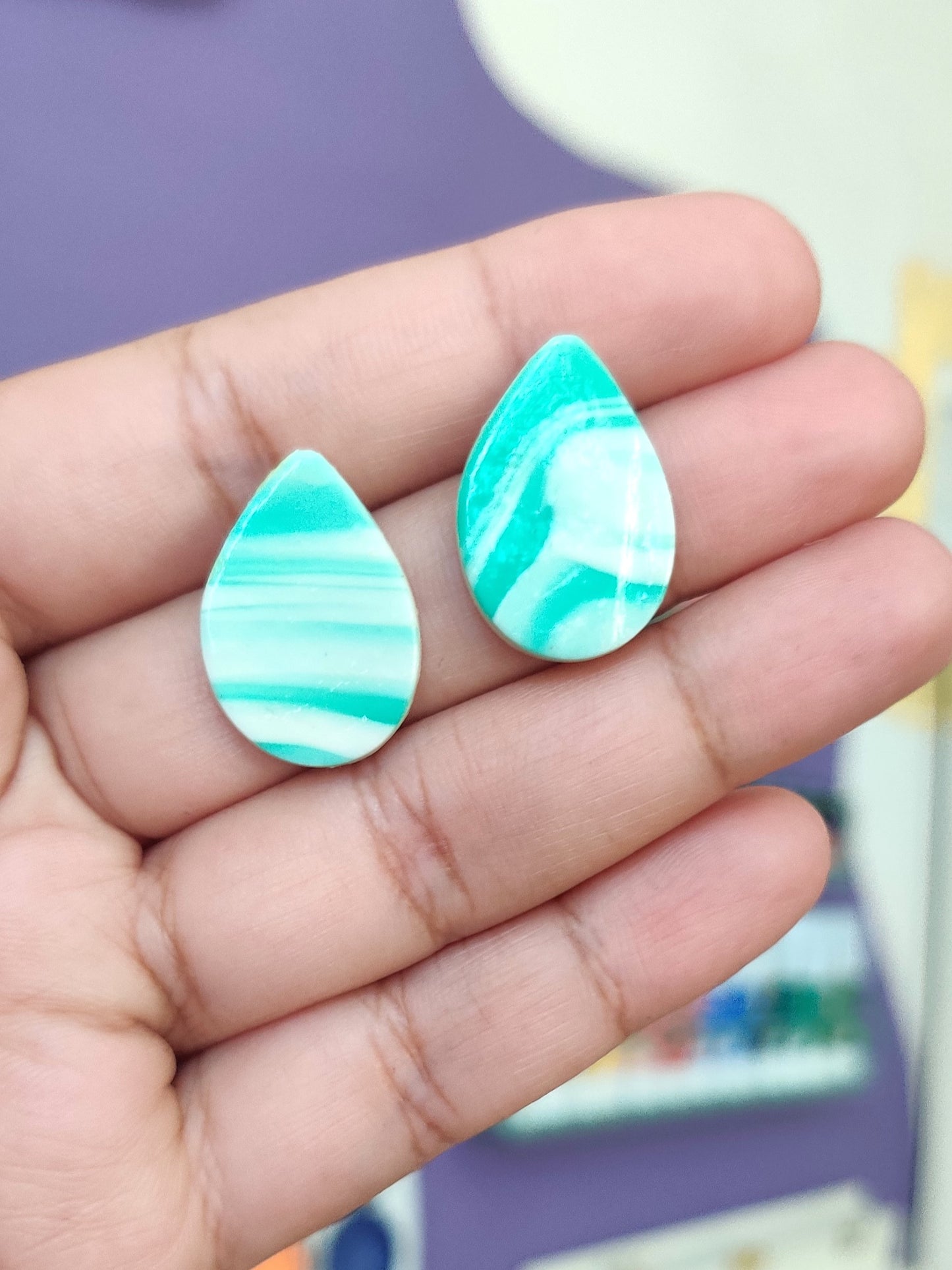 Green marble statement handmade stud earrings