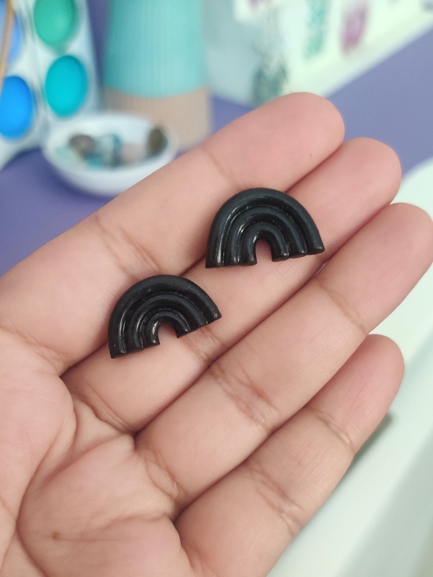 Black rainbow statement handmade stud earrings